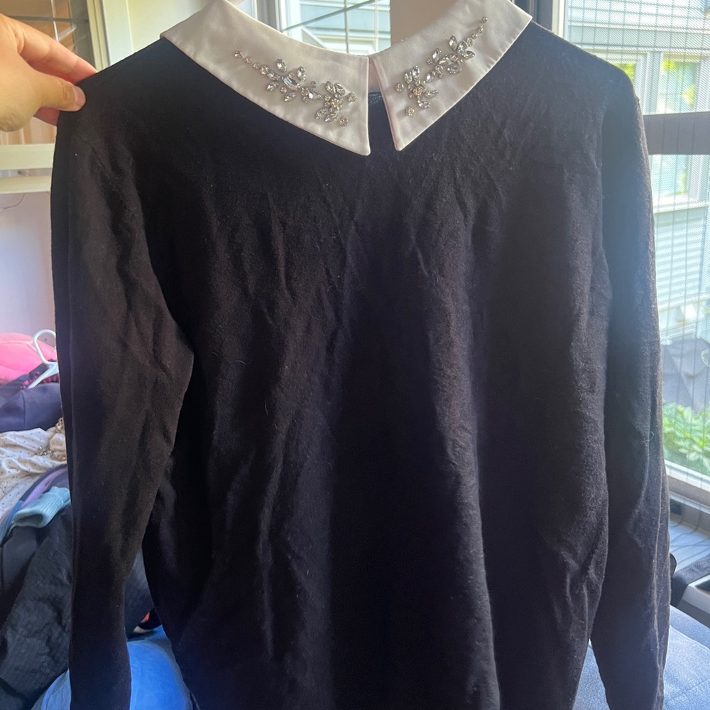 Black Sweater with Embellished White Collar